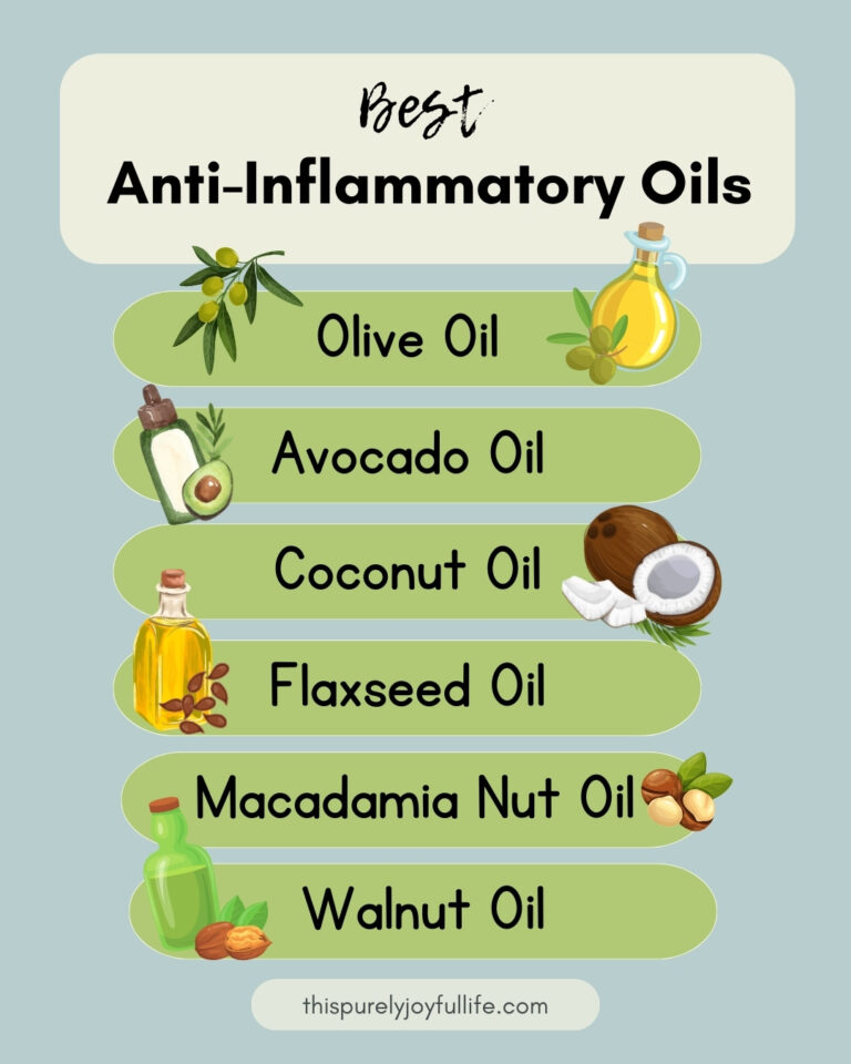 Graphic list of the 6 best anti-inflammatory oil: olive, avocado, coconut, flaxseed, macadamia nut, walnut.