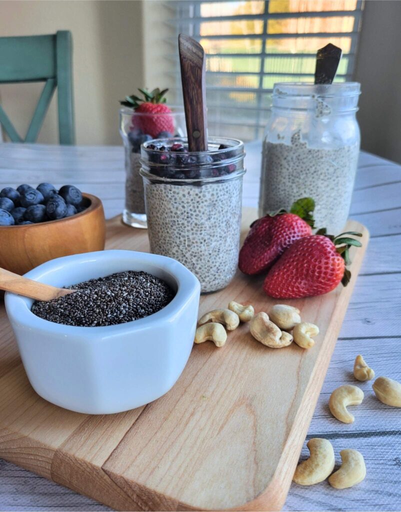 chia pudding with berries, nuts and chia seeds. Dairy-free.