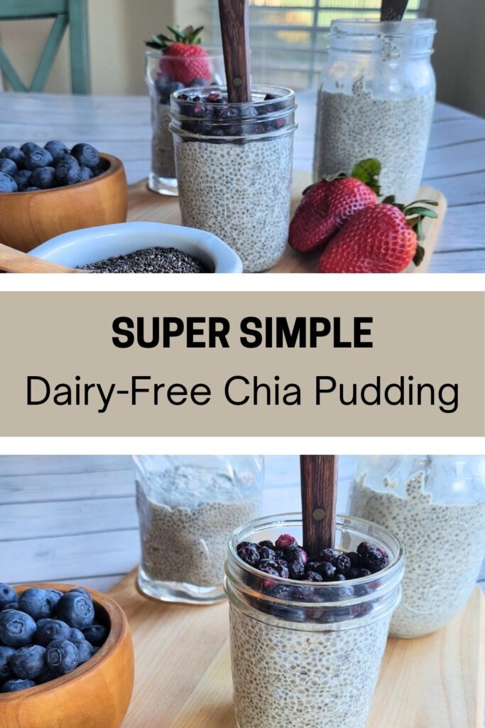 Simple dairy-free chia pudding recipe, topped with fresh berries. #easybreakfast #dairyfree #chiapudding #chiaseeds