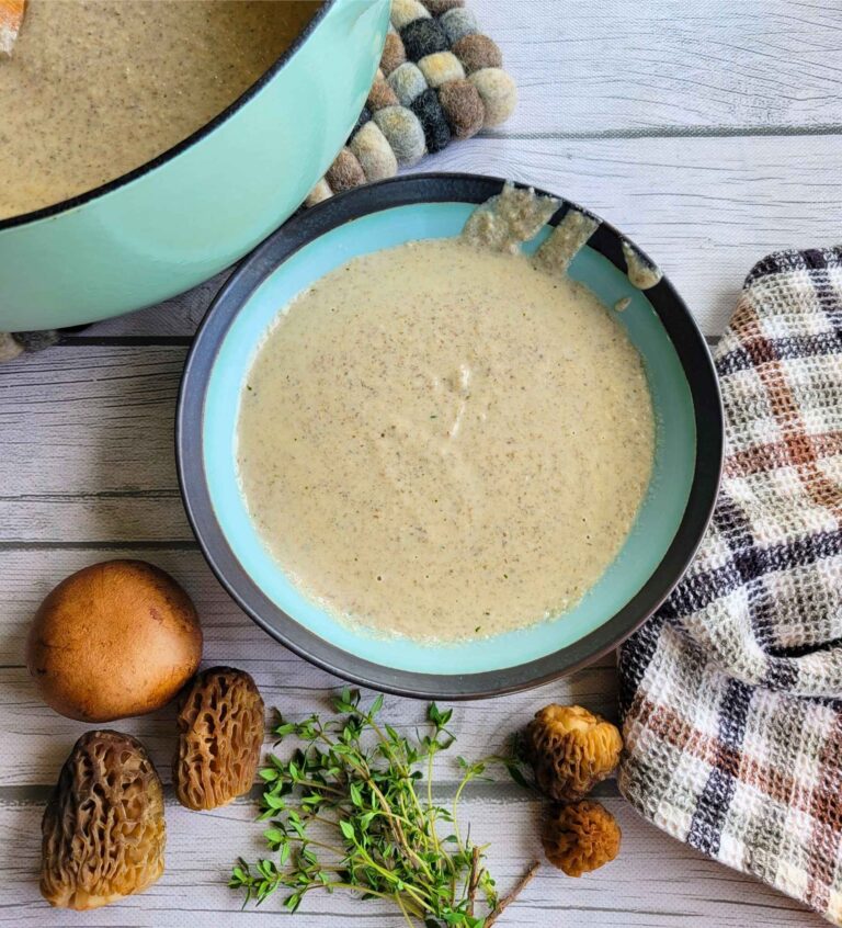 Dairy-free Cream of Mushroom soup in a bowl with fresh morels and thyme