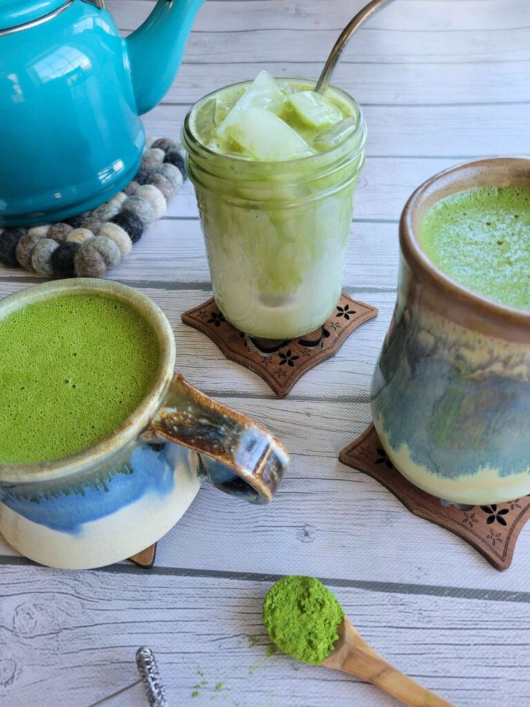 Hot and iced matcha lattes