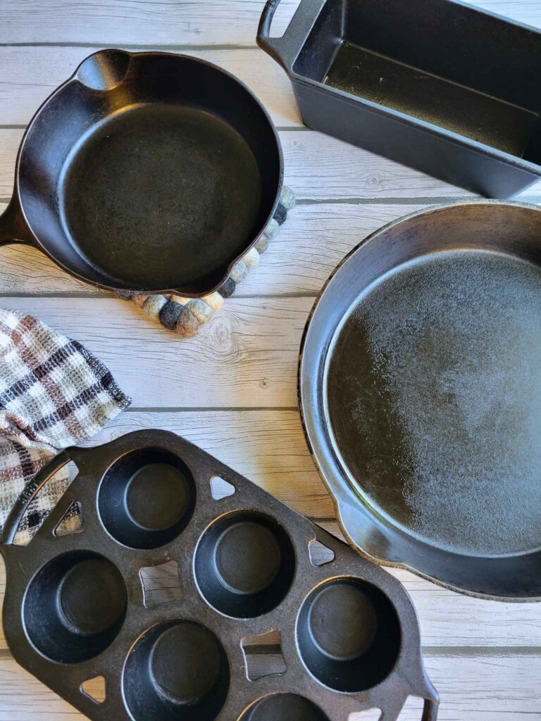 Cast iron skillets, cast iron loaf pan, and cast iron muffin pan