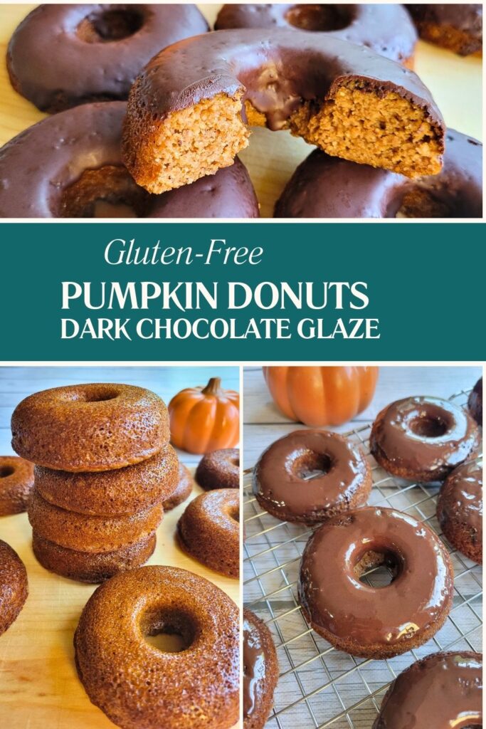 gluten-free pumpkin donuts with a dark chocolate glaze graphic with 3 photos of the baked donuts. #refinedsugarfree #dairyfree #cakedonuts #pumpkindonuts #falltreats #antiinflammatorydiet #healthytreats